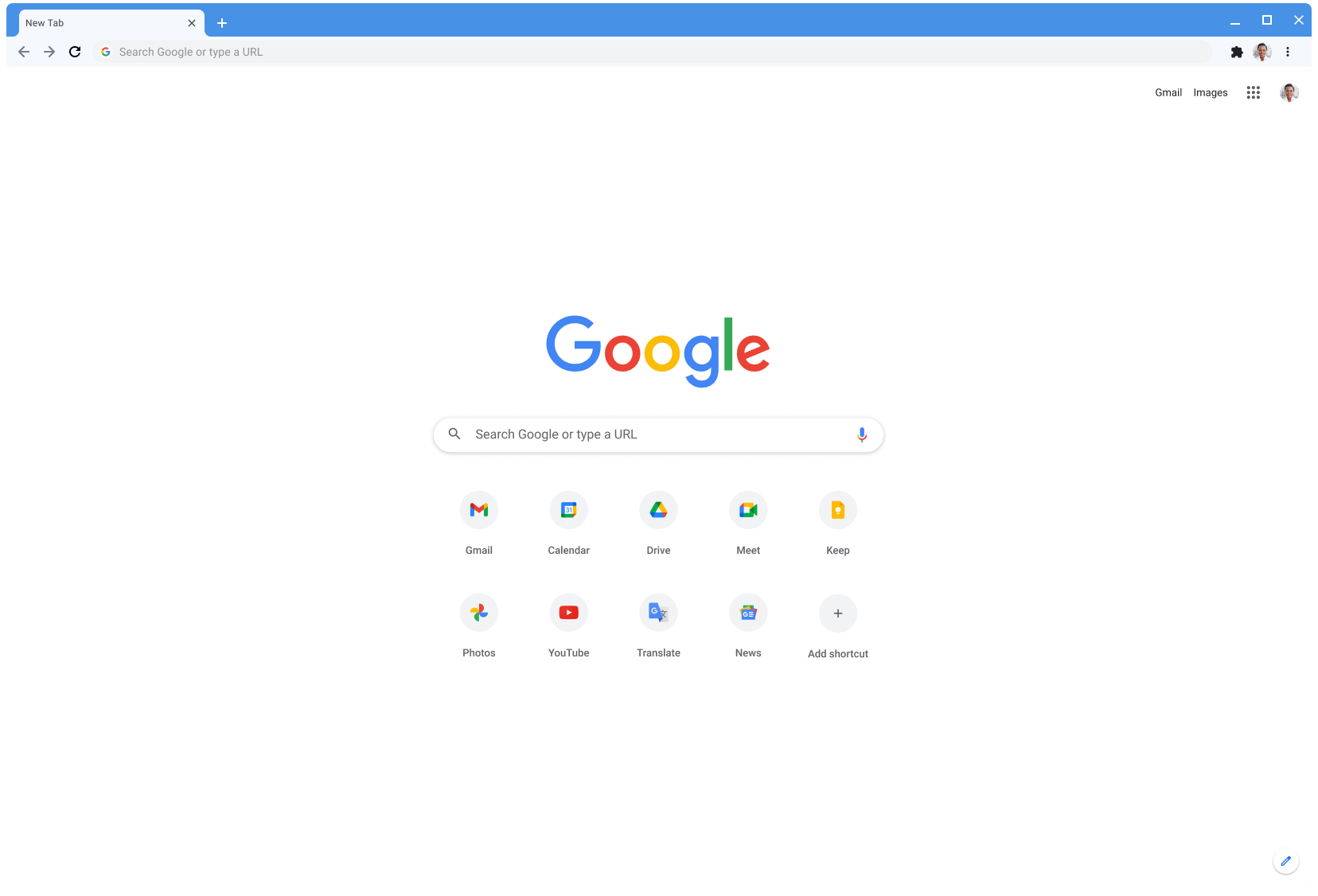 Chrome-Browserfenster mit Google.com, im klassischen Design.