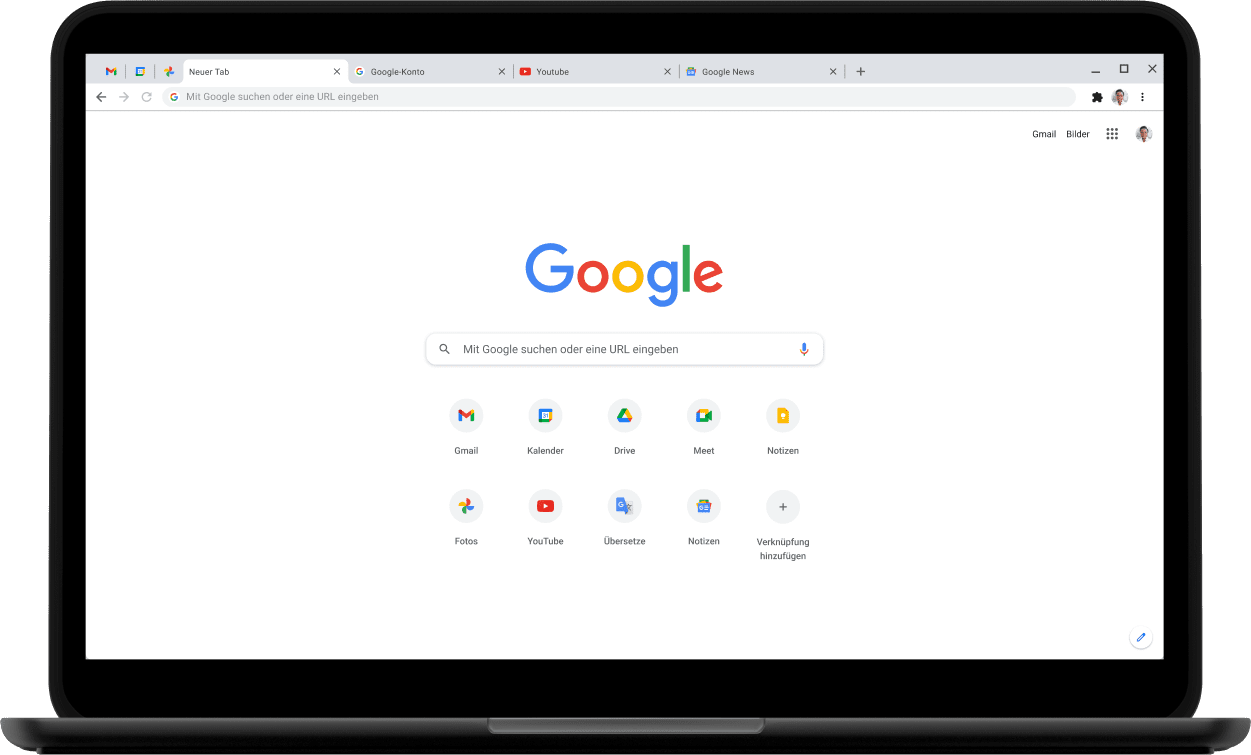 Linke obere Ecke eines Pixelbook-Laptops mit Google.com.
