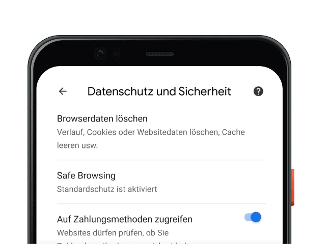 Einstellungen für Datenschutz und Sicherheit in Chrome auf einem Mobilgerät