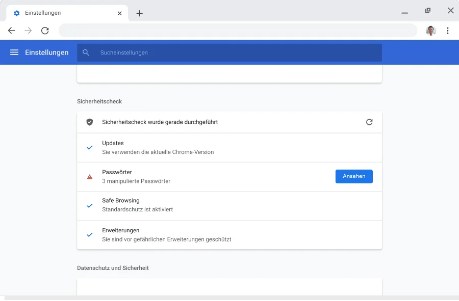 Chrome-Browserfenster mit Konto- und Synchronisierungseinstellungen für Google-Konten und mit aktivierter Synchronisierung.