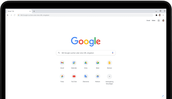 Linke obere Ecke eines Pixelbook Go-Laptops mit Google.com-Suchleiste und favorisierten Apps.