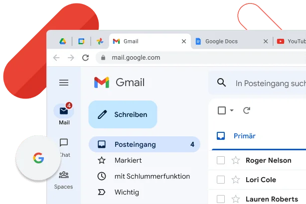 Chrome-Fenster, in dem der Gmail-Posteingang neben den Browsertabs von YouTube und Google Docs angezeigt wird.