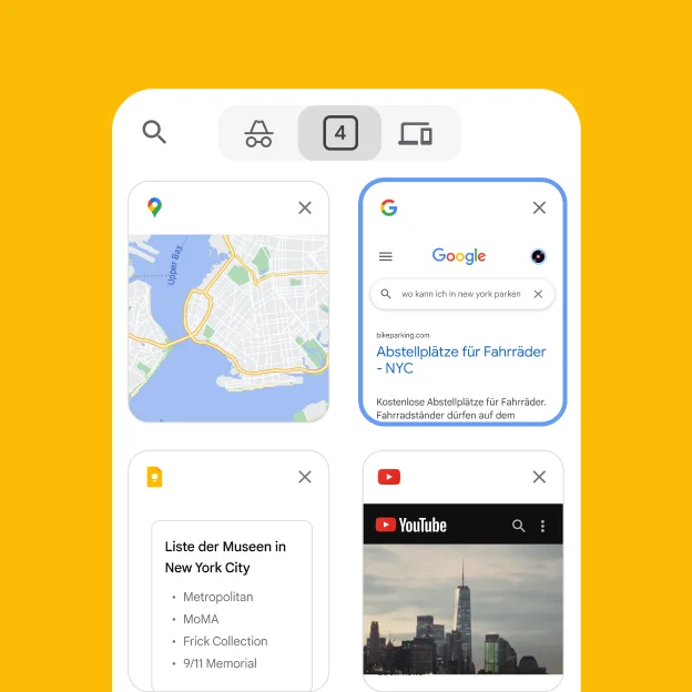 In einem mobilen Browser werden Tabs von einem Desktop-Browser geladen, darunter Google Maps und Parkmöglichkeiten für New York City.