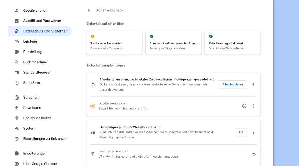 Der Chrome-Sicherheitscheck sucht im Hintergrund nach Datenschutz- und Sicherheitsproblemen und zeigt dann den Sicherheitsstatus und relevante Empfehlungen zur Verbesserung deiner Sicherheit an.