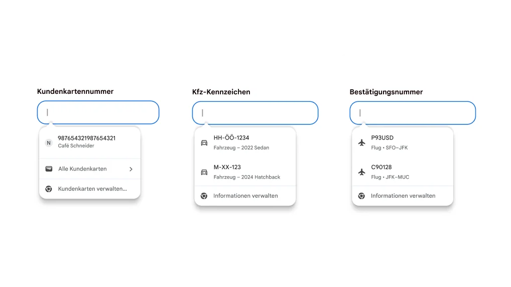 Autofill-Funktion zum Ausfüllen von Kundenkartendetails, Fahrzeugdaten und Fluginformationen