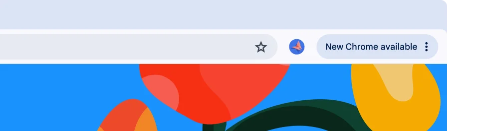 A browser UI features a green Update pill which tells the user that it's ready to be restarted for an automatic update.