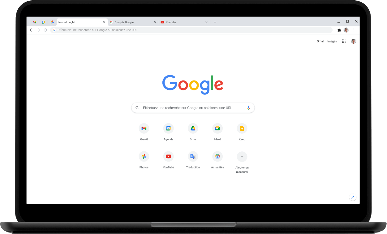 Coin supérieur gauche d'un ordinateur Pixelbook Go dont l'écran affiche la page google.com.