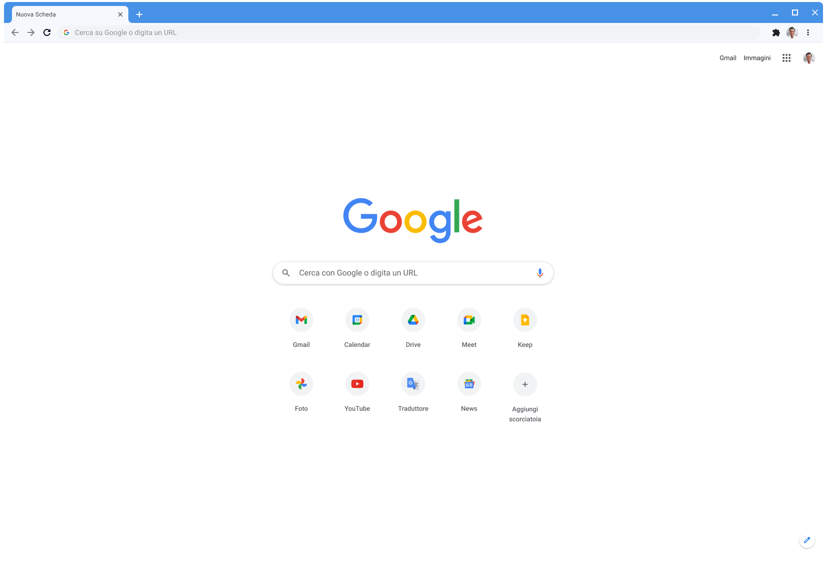 Finestra del browser Chrome che usa il tema classico e con l'indirizzo Google.com visualizzato.
