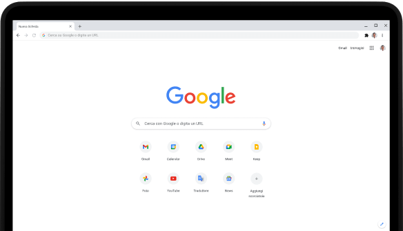 Angolo superiore sinistro di un laptop Pixelbook Go con la barra di ricerca di Google.com e le app preferite visualizzate sullo schermo.