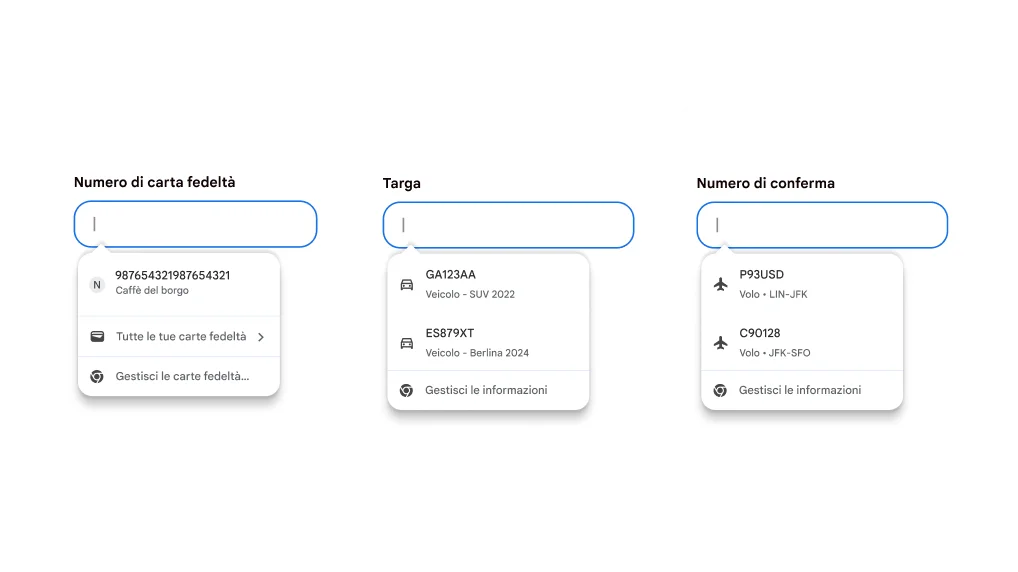 Esperienza utente con compilazione automatica per l'inserimento di carte fedeltà, informazioni sui veicoli e dettagli dei voli.
