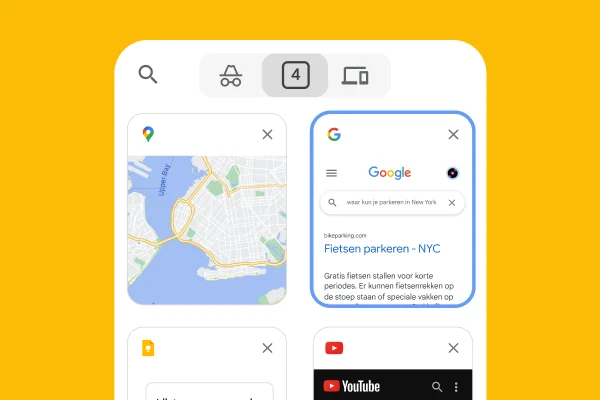 Een mobiele browser laadt tabbladen van een desktopbrowser, waaronder Google Maps.
