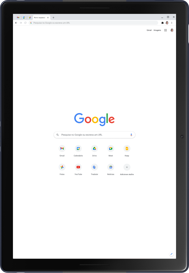 Tablet Pixel Slate no modo retrato a apresentar a página inicial do Google.