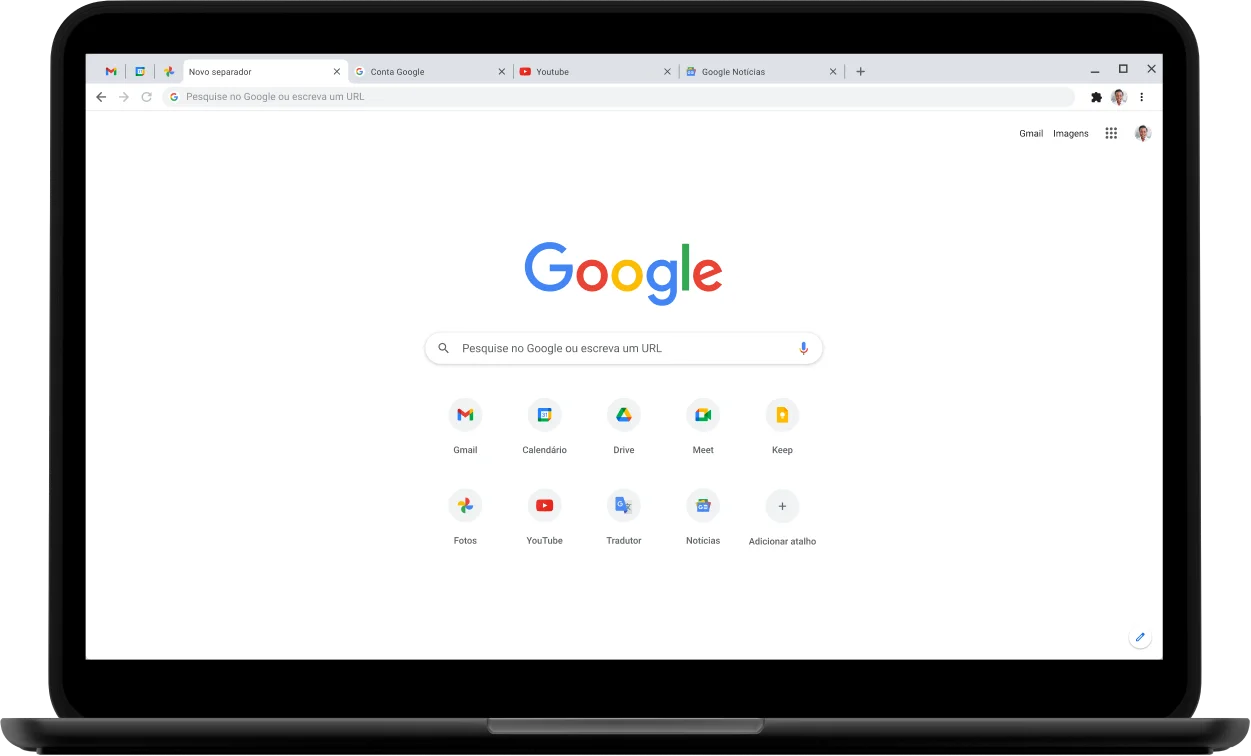 Canto superior esquerdo de um portátil Pixelbook com o ecrã a apresentar Google.com.