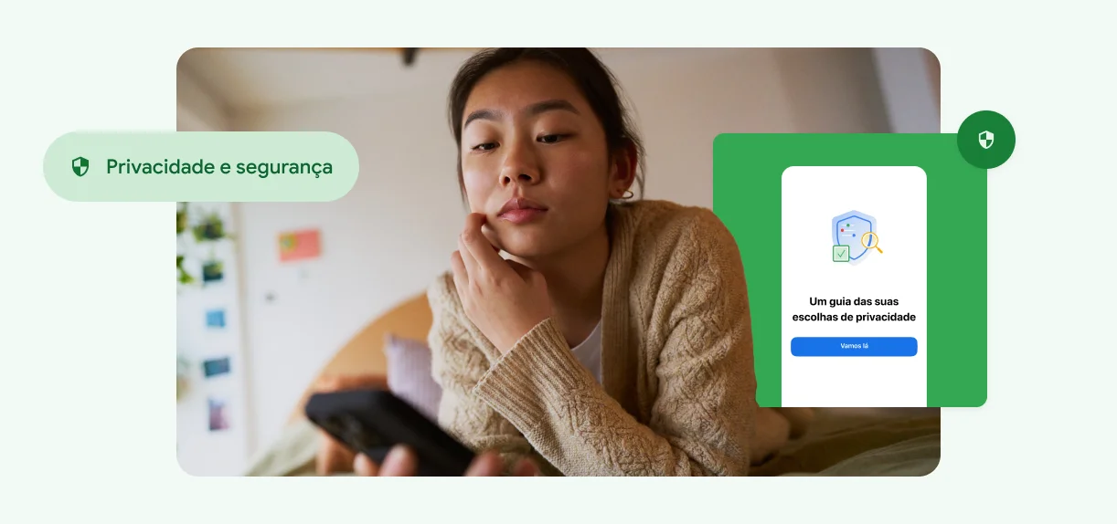 Uma mulher toca no rosto e olha para o seu telemóvel.