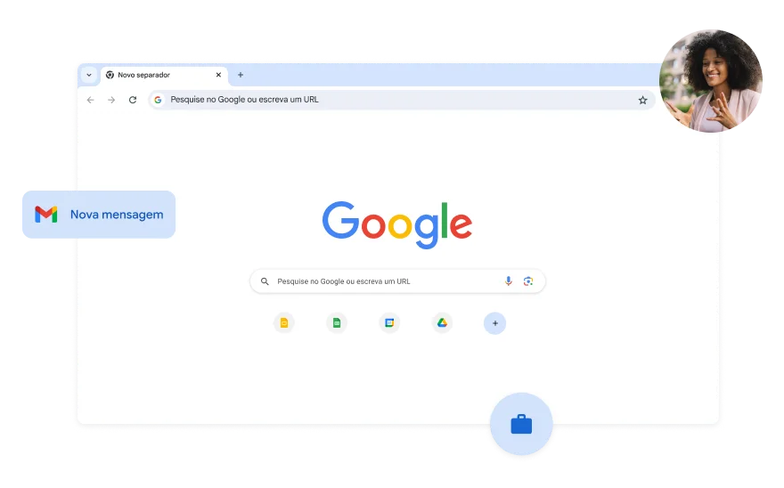 O fundo da página da Pesquisa Google é branco. Existe a foto de uma mulher num canto.