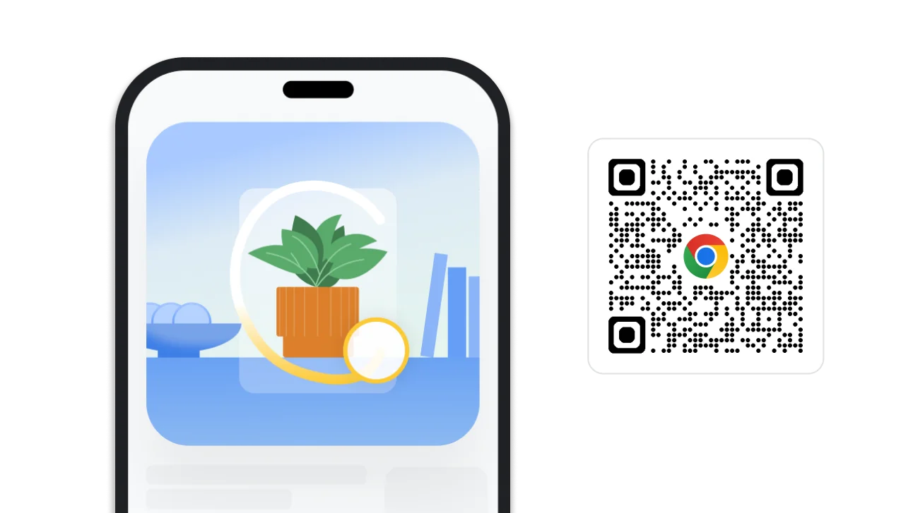 Ein Bild zeigt, wie man in Chrome etwas anhand einer Zeichnung sucht. Daneben befindet sich ein QR‑Code zum Herunterladen von Chrome.